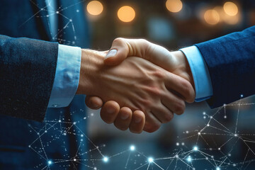 Two businessmen shake hands in business meeting. Successful partnership agreement. Modern tech, business concepts. Successful deal made between two business colleagues. Global cooperation.