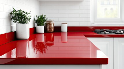 Wall Mural - A modern kitchen with a bold red counter and contrasting white cabinetry.