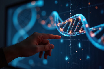 hand pointing to a large touchscreen gui showing dna helix strand. concept on development on human g