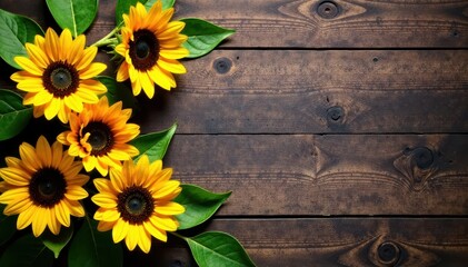 Wall Mural - Sunflowers arranged on rustic wood, vibrant blooms , sun, countryside