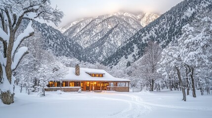 Wall Mural - Winter Wonderland Cozy Cabin Nestled Amongst Snow Covered Mountains with Warm, Inviting Light