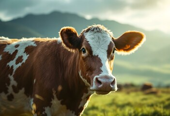 curious cow in sunlit meadow. brown and white dairy cattle close-up with mountain backdrop. farm ani