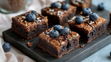 Wall Mural - Brownie dessert topped with blueberries and chocolate drizzle on wooden board