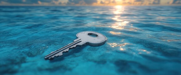 Wall Mural - A silver key floats on calm ocean water at sunset.