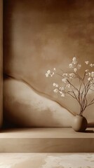 Wall Mural - This serene interior features calming mocha tones and a minimalist aesthetic that promotes peace. An elegant vase with delicate branches enhances the warm atmosphere throughout the space