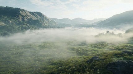 Wall Mural - Misty Mountain Valley at Sunrise: A Serene Landscape
