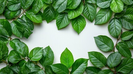 Lush green leaves frame on white background.