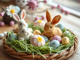 Poster - An Easter-themed painting depicting a scene with Easter treats. A basket full of eggs and Easter cakes and chocolate. A white rabbit with pink ears sits next to the basket against a background of wild