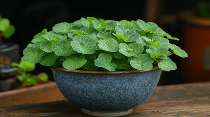 Wall Mural - Lush green plant in a rustic blue ceramic bowl.