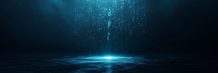 Futuristic digital rainfall with glowing binary code in a dark cyber landscape