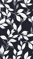 Wall Mural - The image features a black and white botanical pattern with intricate leaf designs