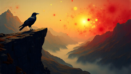 illustration of a black raven standing on a cliff in a cosmic valley on another world, abstract artw