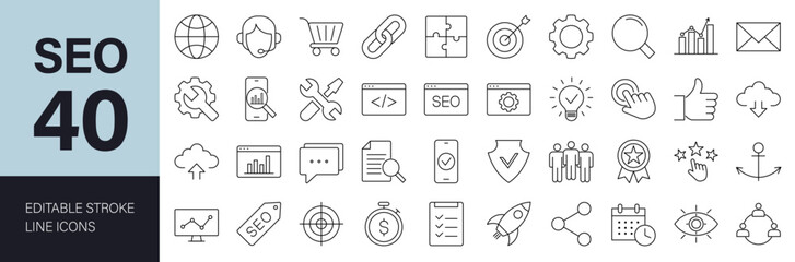 SEO Vector icon set. Search Engine Optimization Line Editable Icons set. Vector illustration in modern thin line style of technology icons: web development, strategy, optimization, target and more.