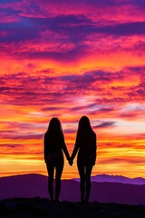 Poster - Two Friends Silhouetted Holding Hands Against a Vibrant and Colorful Sunset with Copy Space