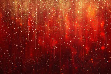 Wall Mural - Sparkling golden glitter and lights on a blurred red background. Festive backdrop with copy space for Christmas, Chinese New Year, party, award. Magic holiday concept for design banner, greeting card