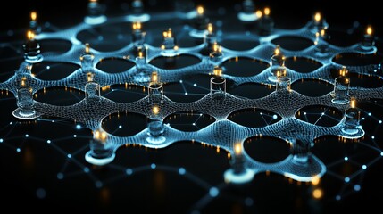 Abstract Network Mesh with Glowing Nodes and Lines 3D Data Blue Gold  