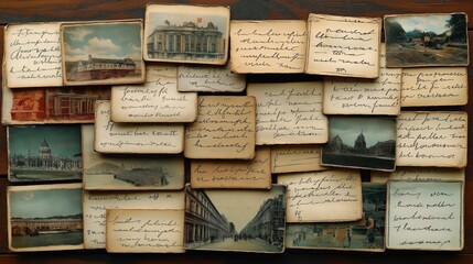 Vintage postcards collection displaying destinations worldwide. Handwritten messages on old paper. Images show historical buildings, cities. No people visible. Shows travel, communication. Ideal for