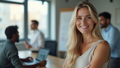 Wall Mural - A confident blonde woman stands in the foreground, smiling warmly, while two men engage in discussion behind her in a bright, modern office. The image captures a vibrant atmosphere of teamwork and