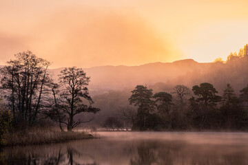 Wall Mural - Dramatic atmospheric dawn landscape at Rydal Water in Lake District during Autumn with moody glow over mist on lake