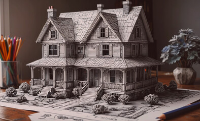 Poster - House is drawn on a piece of paper. A vase with flowers is on the table
