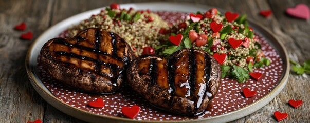 Wall Mural - American food concept for Valentine's Day. Grilled steaks with quinoa salad and garnished with flower petals