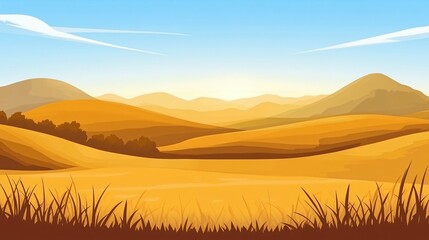 Poster - Golden Hills Landscape- Serene Autumn Meadow and Rolling Mountains Illustration