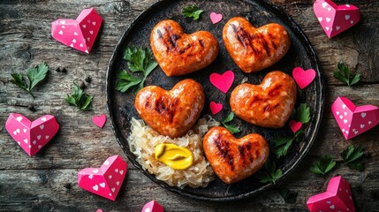 Wall Mural - American food concept for Valentine's Day. Heart-shaped food on a plate with decorative paper hearts around it