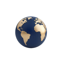 A stylized globe showcasing the continents in gold and blue colors., isolated on a transparent background.