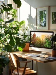 Wall Mural - This exquisite home office setup showcases an elegant desk, a sleek computer, and an abundance of vibrant greenery, all beautifully illuminated by warm sunlight streaming through the windows