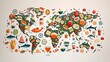 © Pattarin - Global Cuisine: A world map with food icons like sushi, tacos, and pasta