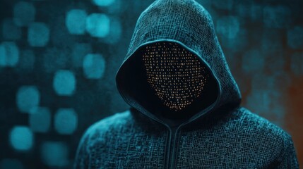 Mysterious figure in hoodie with binary patterns in digital space