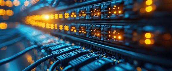 Close-up of illuminated server rack with cables.