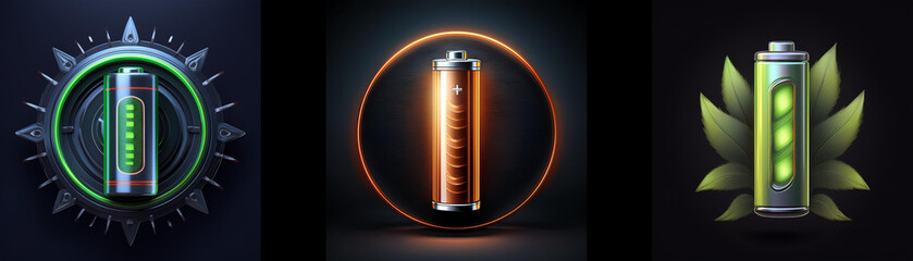 Poster - Three stylized battery icons; green, orange, and dark-grey, each with unique design elements showcasing different energy levels.