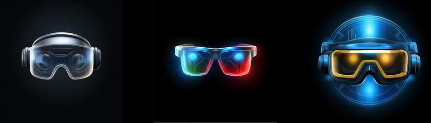 Aufkleber - Three futuristic eyewear designs, glowing in the dark, showcase innovative head-mounted displays for virtual and augmented reality experiences.