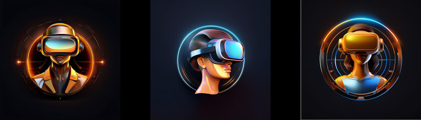 Aufkleber - Three stylized avatars don virtual reality headsets, each within a glowing circular frame.  A futuristic and immersive experience is suggested.