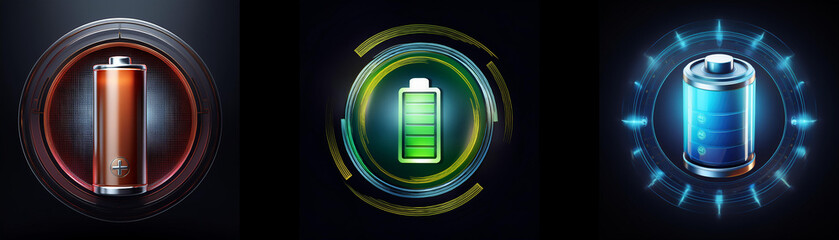 Poster - Three battery icons display varying charge levels: low, medium, and high.  Each is encircled by unique, glowing visual effects.