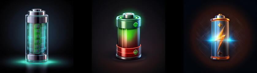 Poster - Three glowing energy cells, different colors, show varying charge levels.  They represent power, technology, and potential energy.