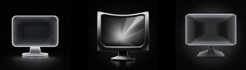 Leinwandbilder - Three grayscale monitor displays, each with a different screen effect, sit against a black background.  The monitors appear sleek and modern.