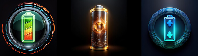 Poster - Three glowing battery icons, illustrating different charging levels and styles, set against a dark background.  The images are stylized and visually appealing.