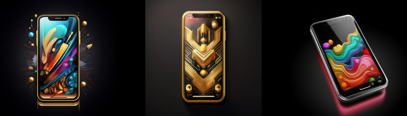 Poster - Three smartphones displayed, each showcasing unique abstract art on their screens.  Gold accents and vibrant colors are prominent.