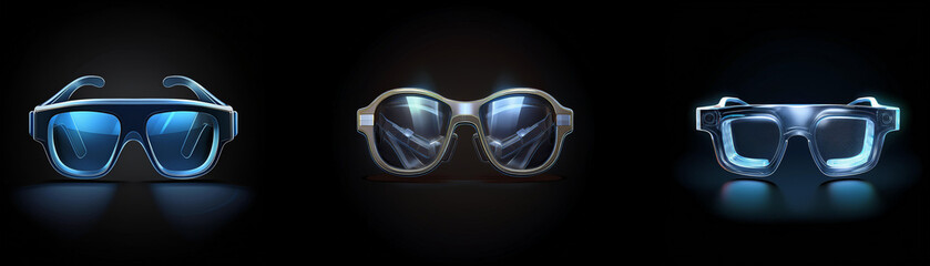 Aufkleber - Three futuristic eyewear designs, glowing with blue light, set against a dark background.  Sleek and modern, they showcase innovative technology.