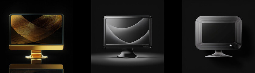 Leinwandbilder - Three computer monitors displayed in dark settings; one gold, one grayscale, and one dark gray.  Each shows a different screen display.