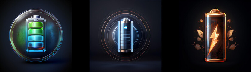 Poster - Three battery icons, showcasing different charging levels and styles.  One displays a full charge, another partially charged, and the third depicts eco-friendly energy.