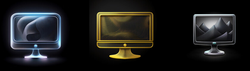 Leinwandbilder - Three stylized computer monitors displayed against a dark background. Each monitor showcases a different abstract imageglowing blue, dark gold, and grayscale mountain range.
