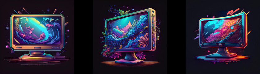 Fototapete - Three vibrant monitors display abstract, colorful, fluid art.  Surreal splashes and glows surround each screen.