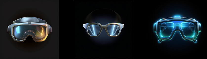 Aufkleber - Three futuristic goggles designs; sleek, glowing lenses, dark backgrounds.  Explore cutting-edge eyewear technology.