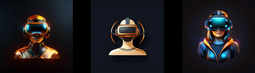 Aufkleber - Three stylized busts, each wearing a virtual reality headset, illuminate against a dark background.  The glowing figures represent diverse avatars in the metaverse.