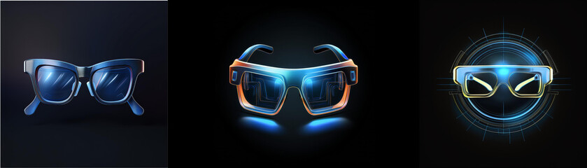 Aufkleber - Futuristic eyewear designs, glowing with vibrant hues against a dark background.  Innovative and stylish, showcasing different technological features.