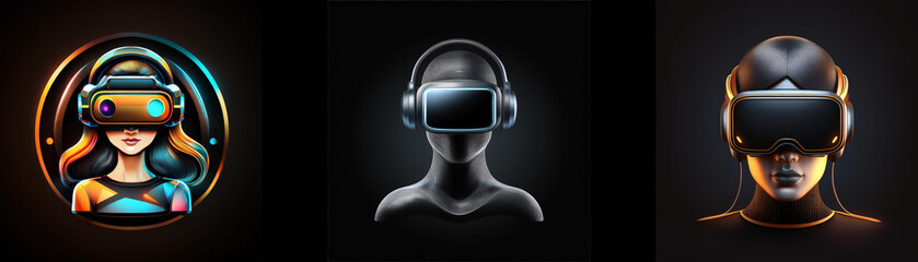Poster - Three stylized figures wearing VR headsets, showcasing immersive virtual reality experiences.  A woman, a mannequin, and an androgynous figure are depicted.