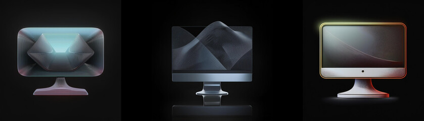 Leinwandbilder - Three stylized computer monitors display abstract, luminous designs.  Each monitor offers a unique visual experience, hinting at digital art and modern technology.